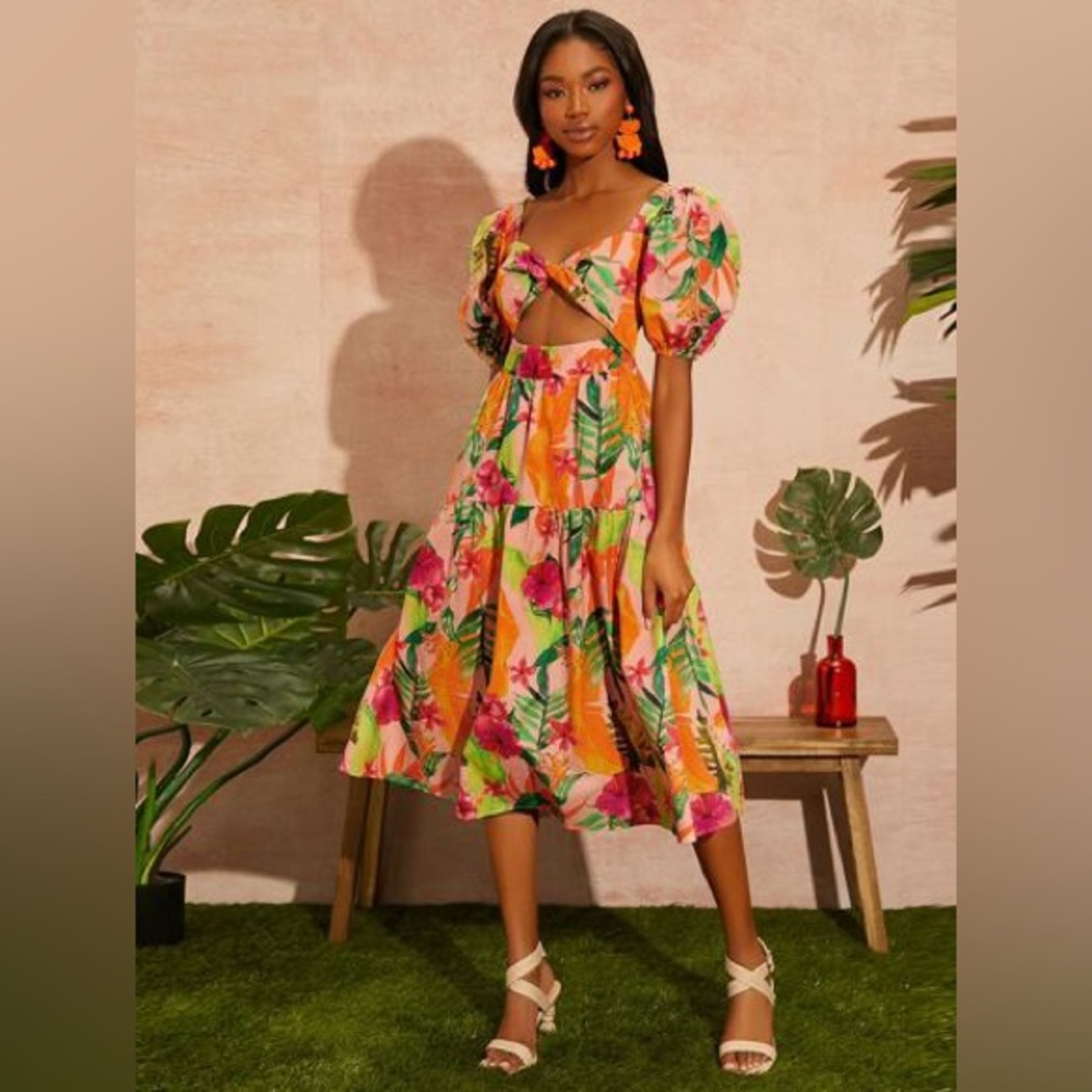 Puff Sleeve Pink Tropical Vacation Twist Front Cutout Dress